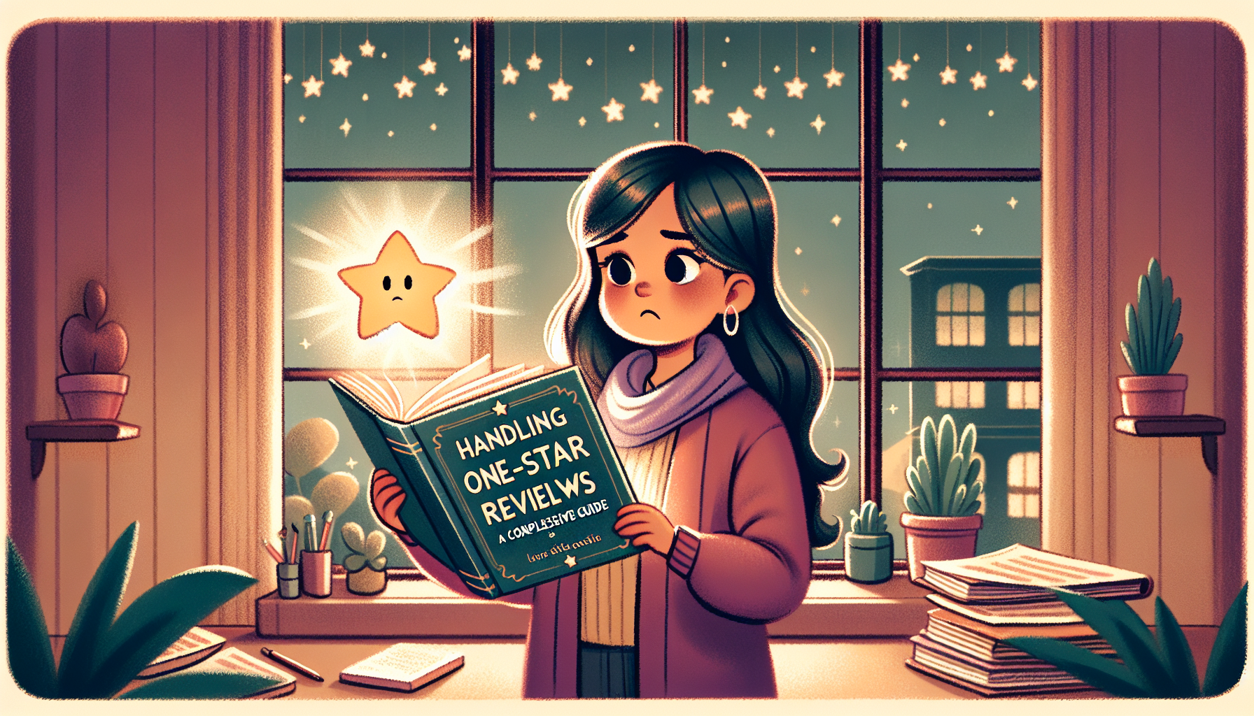 An animated image of a small business owner puzzling over a glowing, floating one-star rating, with a book titled 'Handling One-Star Reviews: A Comprehensive Guide' opening by itself to reveal glowing