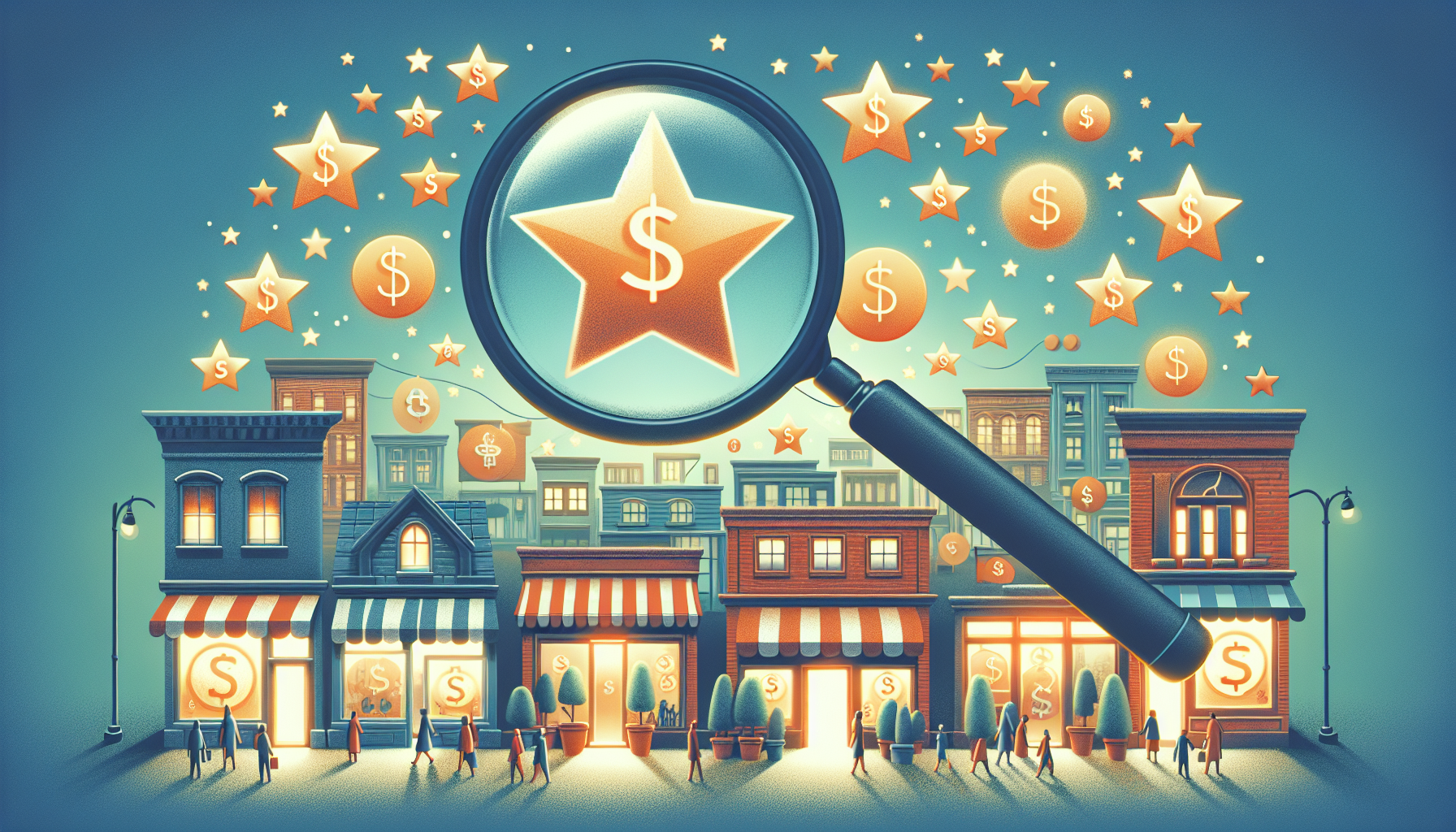 A digital illustration of a bustling marketplace with various businesses displaying glowing 5-star reviews above their entrances, while a giant, magnifying glass hovers above, revealing increased doll