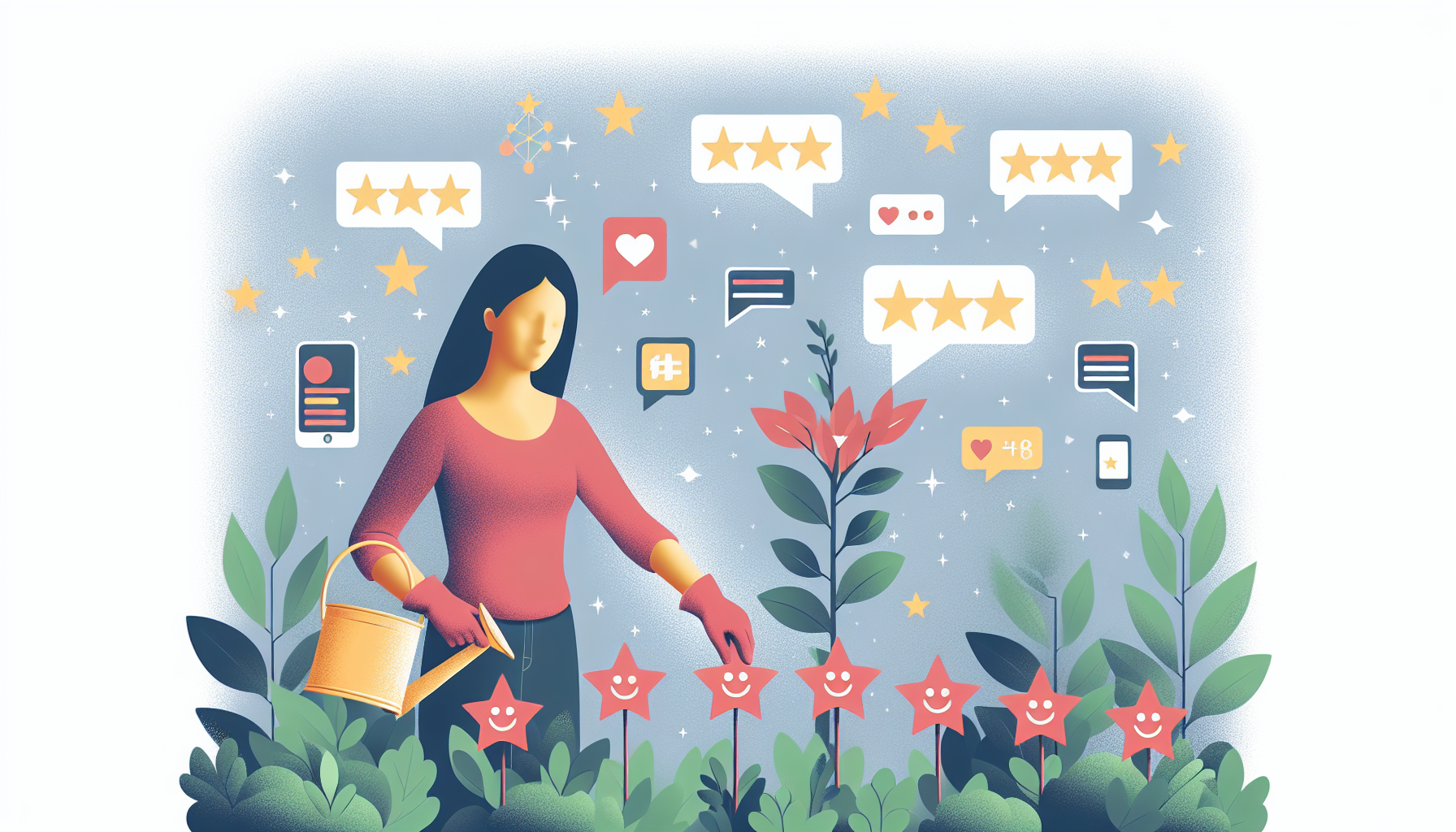 An illustration of a person planting positive feedback and star ratings in a digital garden, with various social media icons and devices floating around, symbolizing the growth of their online reputat