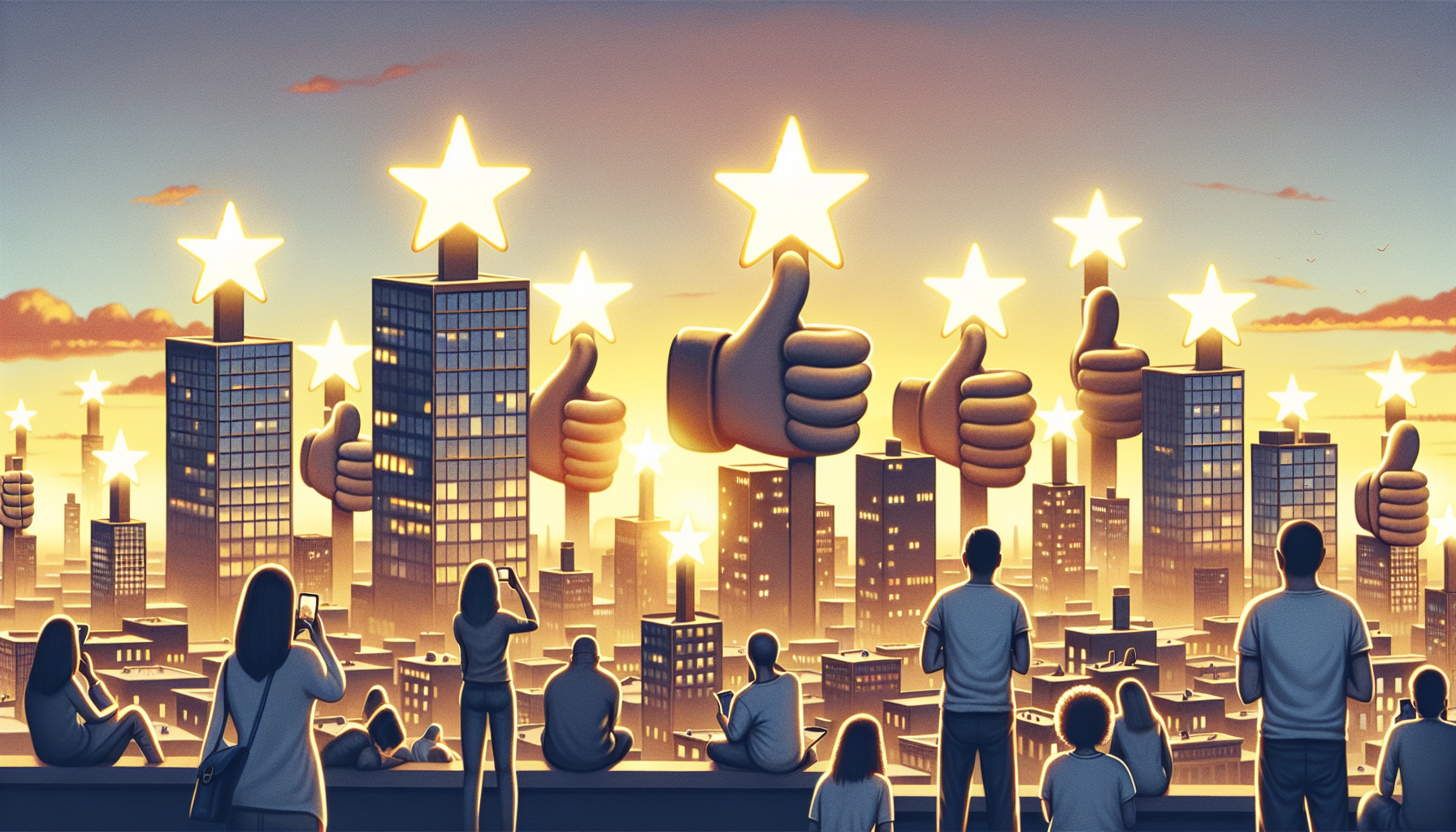 An imaginative cityscape where buildings are shaped like stars and thumbs-up symbols, with people of diverse backgrounds reading giant glowing reviews floating in the sky, all under a golden sunset.